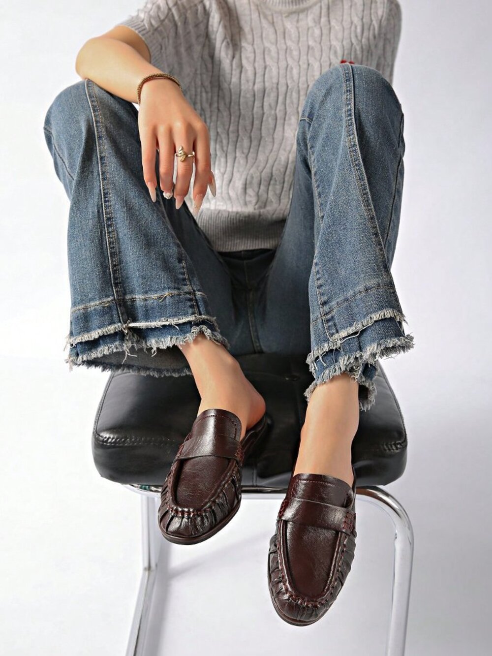 Burgundy Casual Women's Shoes Ruched Backless Boat Shoes Round Toe Loafers